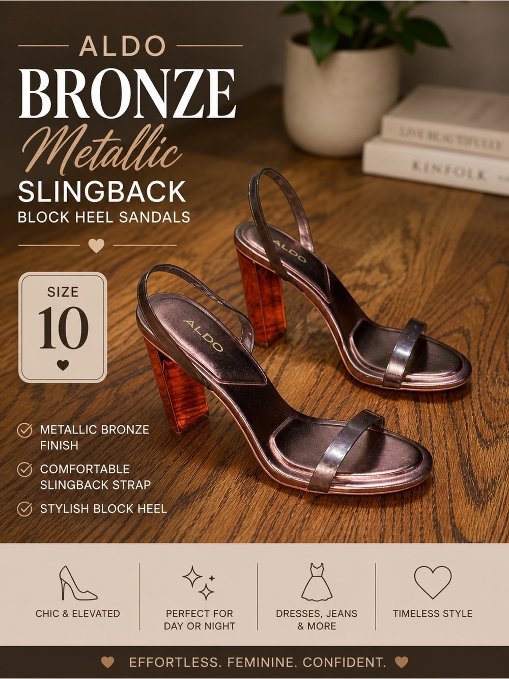 Aldo Bronze Metallic Slingback Block Heel Sandals Women’s Size 10